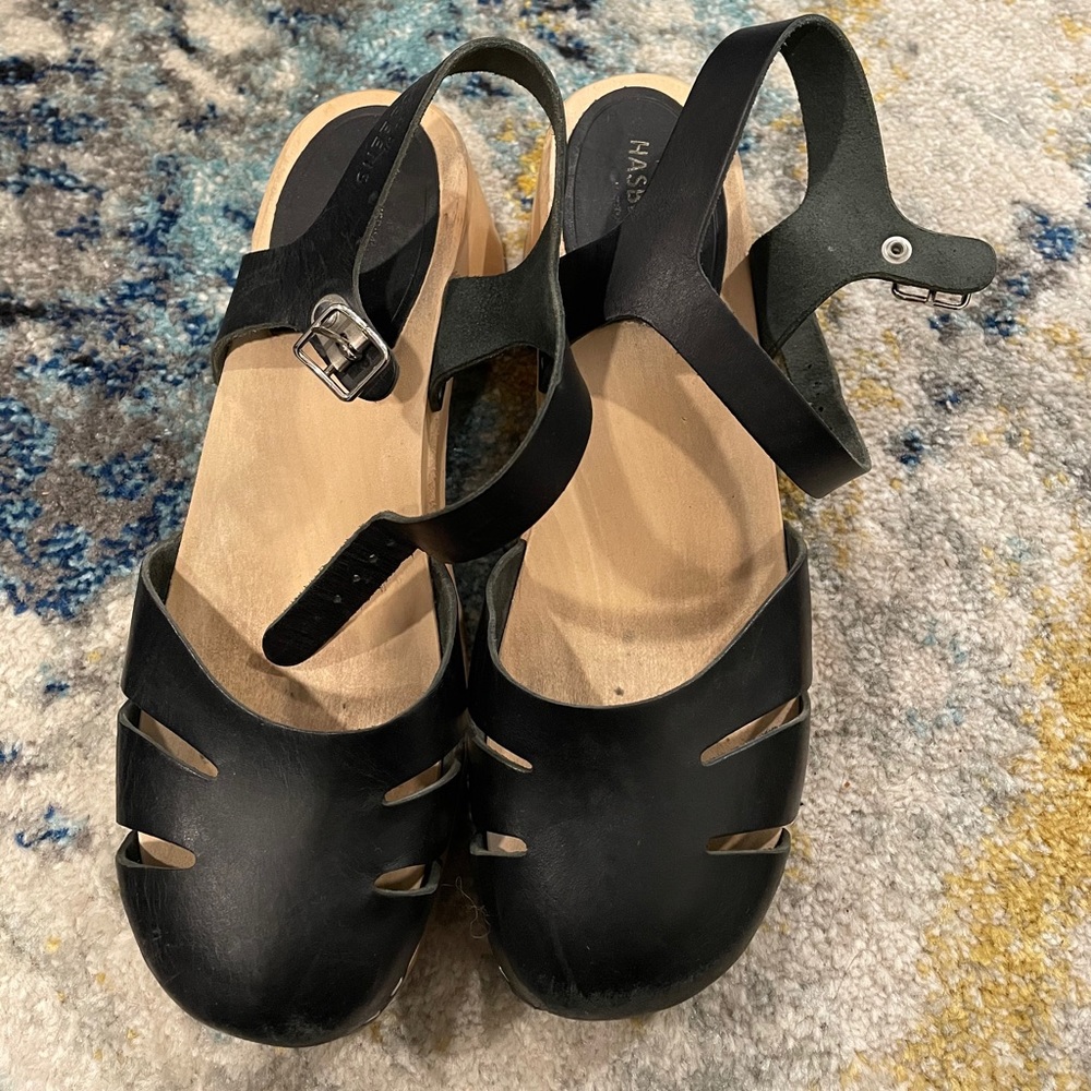 Swedish Hasbeens Black Leather Mules